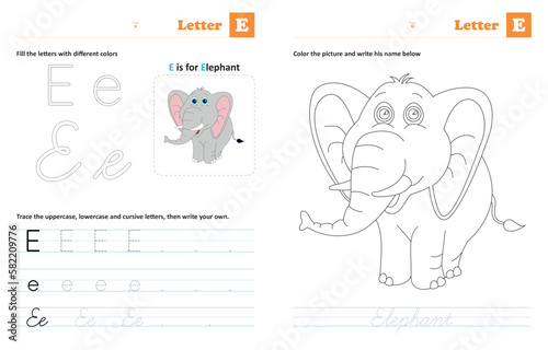 Letter E  - Tracing and coloring letters: Animals by alphabet series, helps children trace uppercase, lowercase and cursive letters (The designs are made with vector editable outlines)