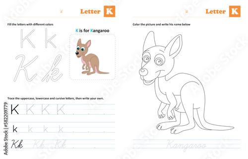 Letter  K - Tracing and coloring letters: Animals by alphabet series, helps children trace uppercase, lowercase and cursive letters (The designs are made with vector editable outlines)