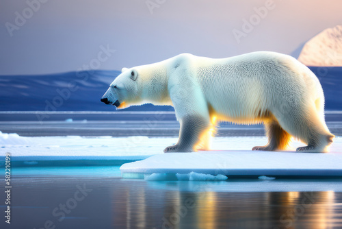 Polar bear in the Arctic on an ice floe, winter nordic. Evening lighting. Wildlife concept of ecological environment. Generative AI © mikhailberkut