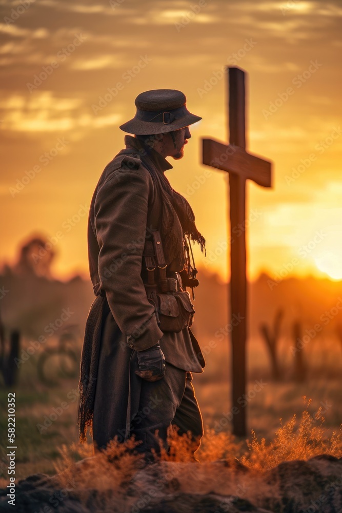 Soldier contemplating the Cross of Jesus as the symbol of Christianity at sunset Generative AI Illustration