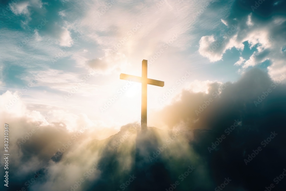 Illustration of the Cross of Jesus on top of the mountain with fog and light effects Generative AI Illustration