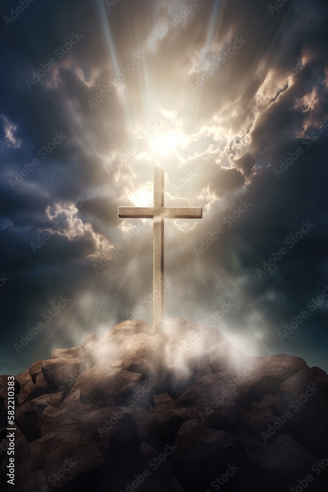 Illustration of the Cross of Jesus on top of the mountain with fog and light effects Generative AI Illustration