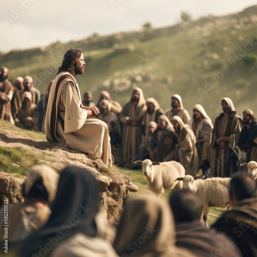 Jesus speaking to the people by parables on the mountain in the midst of nature Generative AI Illustration photo