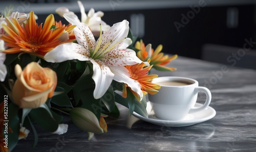 Fotografia Coffee cup and roses lillies flowers boquet caffe generative ai