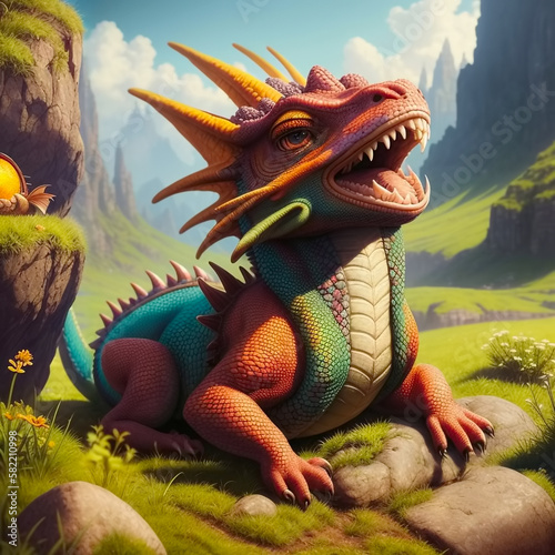 cute baby colorful dragon on mountain background. Generative AI © Sergey Ilin