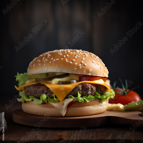 Delicious Cheeseburger with melting cheese. Food Photography