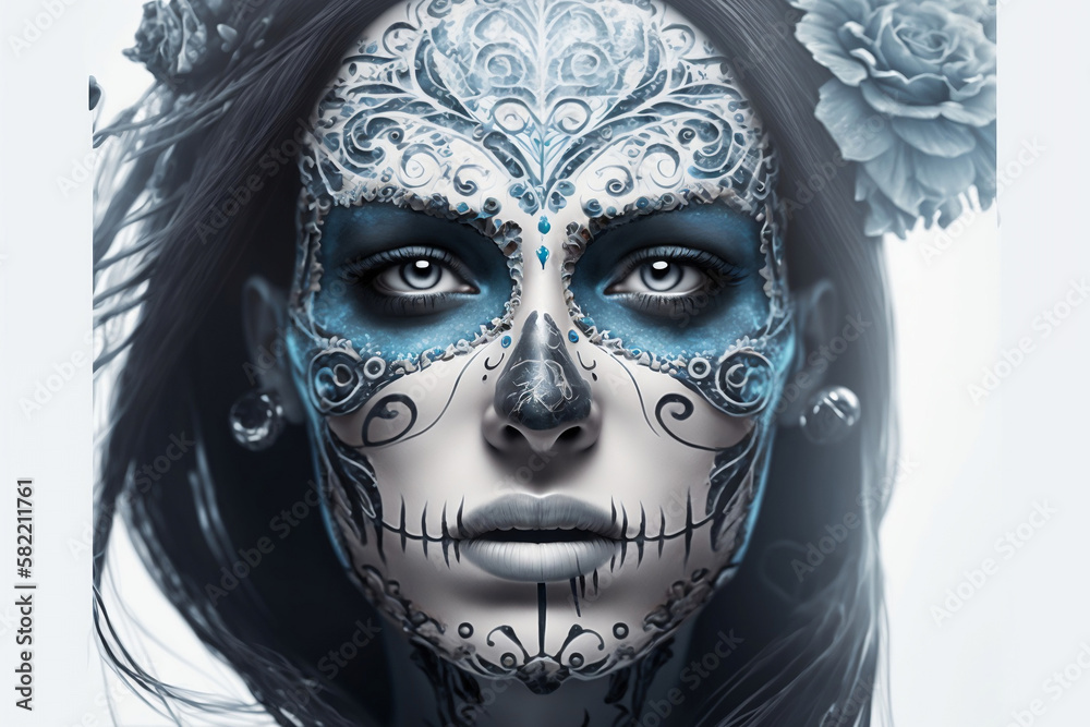 Woman with sugar skull make up, generative ai