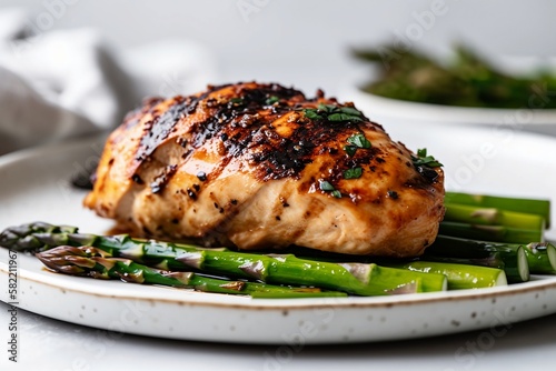 Healthy eating, the ultimate choice; grilled chicken on top of grilled asparagus is the ultimate healthy choice