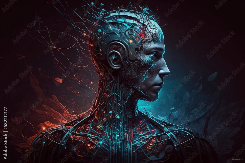 artificial intelligence concept, tech skull, generative ai