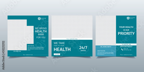 Medical social media post template. Modern instagram banner with blue color.