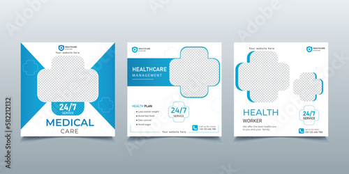 Medical social media post template. Modern instagram banner with blue color.