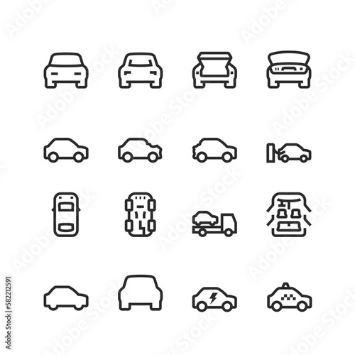 Car, linear style icons set. vehicle from various angles. Front, side, bottom, inside vehicle interior, damaged, car bonnet, boot, tow truck. Editable stroke width