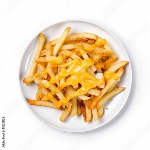 Delicious French Fries With Melted Cheese Isolated On White Background. Top Down View.