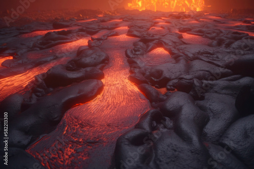 the red-hot lava of the volcanic river background dark generative ai