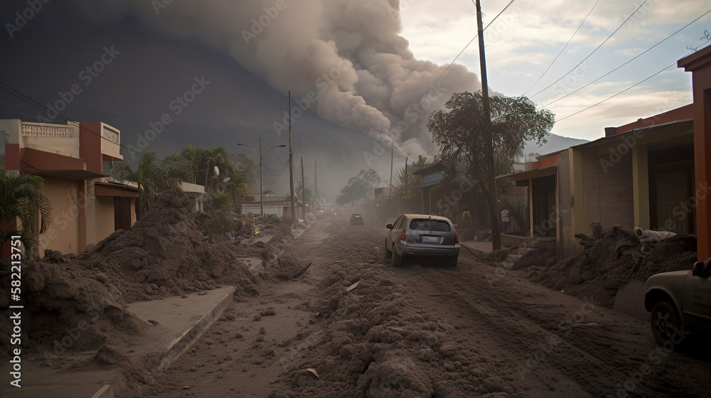 Street view of nearby volcano erupting
