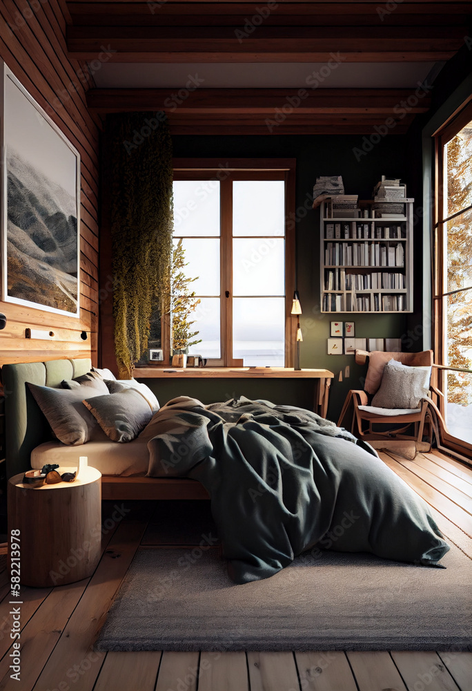 Rustic interior of log cabin bedroom in chalet stile. Double bed by big