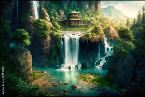 Serene and majestic waterfalls, surrounded by lush forests and natural beauty