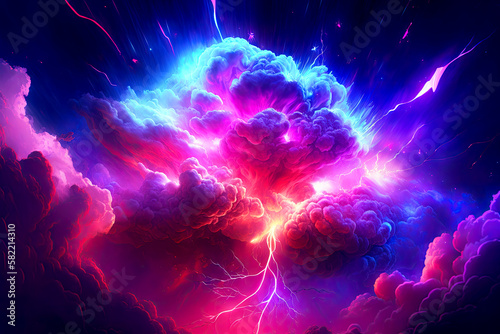 Bright explosion with smoke and lightning in neon lights, Generative AI