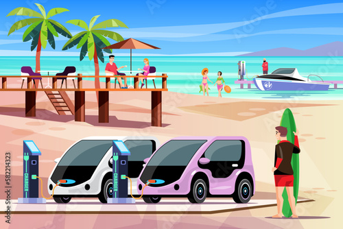 Electric car charging point by the beach. An electric boat is charging at the pier. Electric power boost tourism business. Beach skyline in background. vector illustration