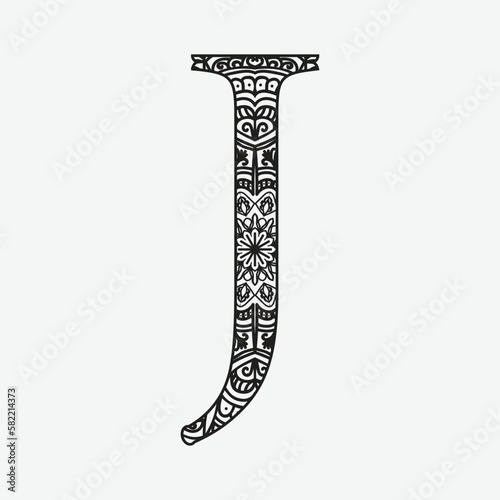 Letter J. Dudling drawing, mandala. Alphabet in the style of dudling, letters of the alphabet.