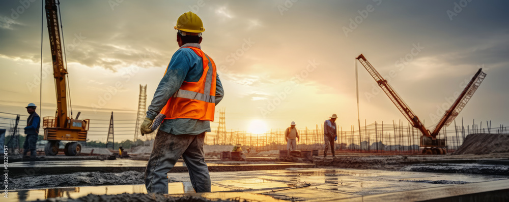 On a construction site, a worker is in control of a concrete pump as dusk is falling. - Generative AI On a construction site, a worker is in control of a concrete pump as dusk is falling. - Generative AI