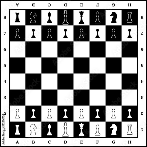 Silhouettes of chess pieces. A chessboard. Black and white chess icons. Vector chess isolated on a white background. Playing chess on the board. King, Queen, Rook, Knight, Bishop, Pawn