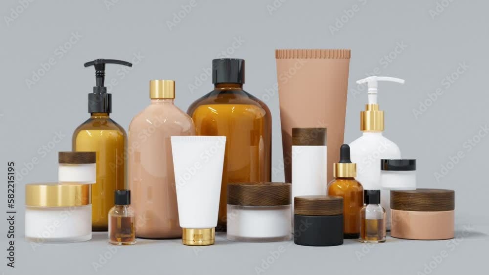 Group of different beige and brown glass and plastic cosmetic bottles and jars 3D render Group of different beige and brown glass and plastic cosmetic bottles and jars 3D render