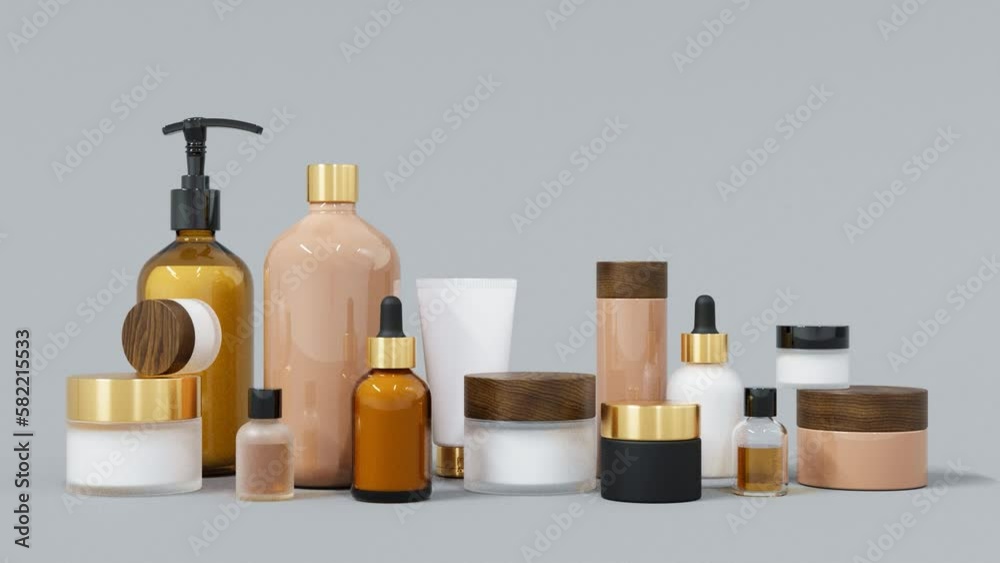 Group of different beige and brown glass and plastic cosmetic bottles and jars 3D render Group of different beige and brown glass and plastic cosmetic bottles and jars 3D render