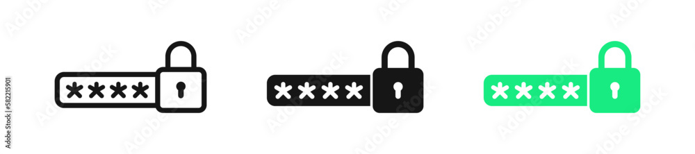 Password icon. Login symbol. Lock signs. Safe computer symbols. Security code icons. Black and green color. Vector sign. Password icon. Login symbol. Lock signs. Safe computer symbols. Security code icons. Black and green color. Vector sign.