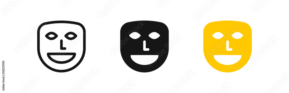 Theater mask icon. Drama face symbol. Theatre signs. Comedy actor symbols. Happy emotion icons. Black and yellow color. Vector sign. Theater mask icon. Drama face symbol. Theatre signs. Comedy actor symbols. Happy emotion icons. Black and yellow color. Vector sign.