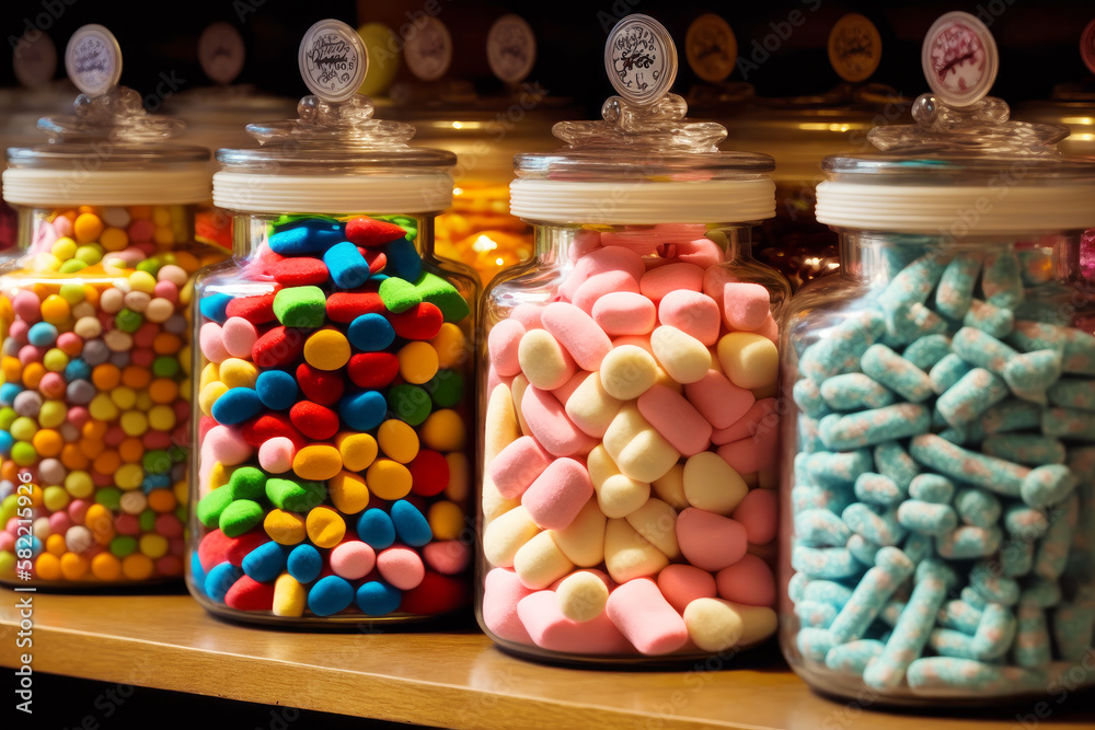 Row of glass jars filled with different colored marshmallows on top of wooden table. Generative AI.