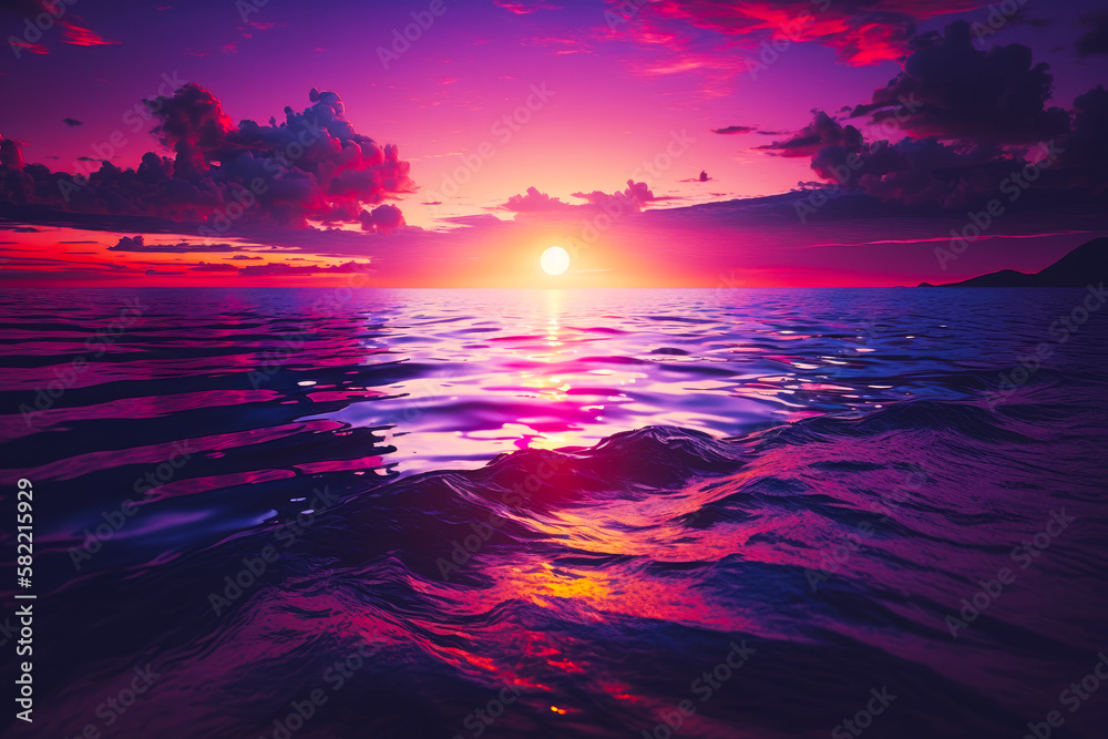 The sun is setting over the ocean with purple and pink sky over the water. Generative AI.