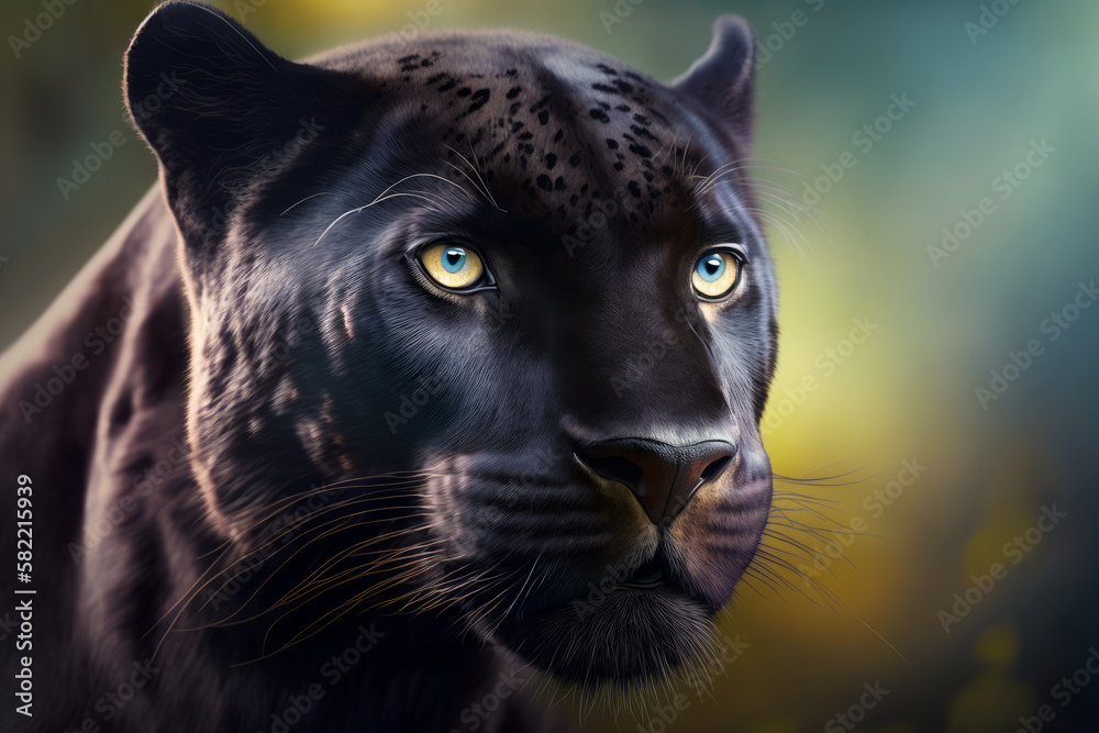 Close up of black panther's face with yellow and blue background. Generative AI.