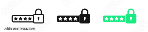 Password icon. Login symbol. Lock signs. Safe computer symbols. Security code icons. Black and green color. Vector sign.