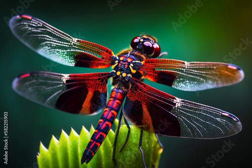 Close up of dragonfly on plant with drops of water on its wings. Generative AI. © valentyn640