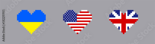 Pixel flag icon. USA symbol. Ukraine signs. England symbols. National icons. Vector sign.