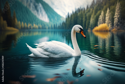 White swan floating on top of lake next to forest filled with trees. Generative AI. © valentyn640