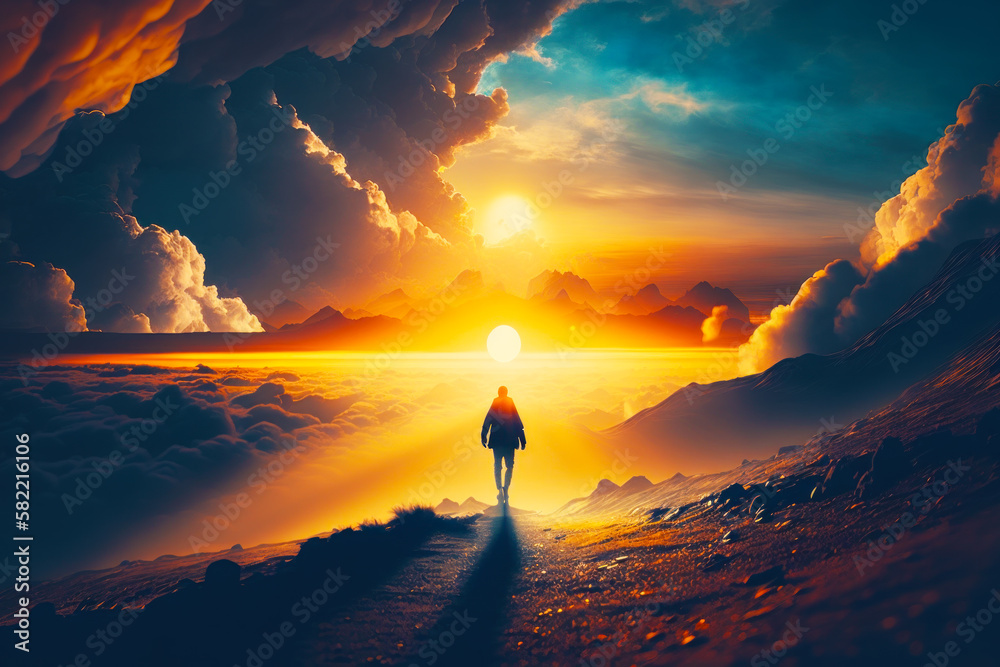 Person standing on path in the middle of field with sunset in the background. Generative AI.