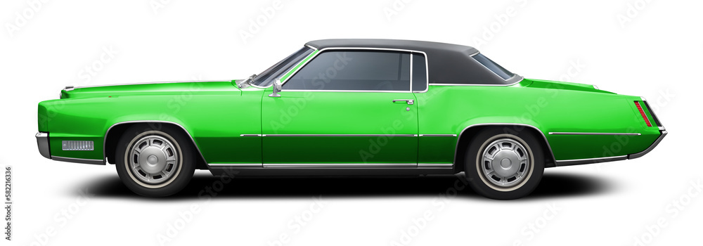 Vintage car side view isolated on white background. Green convertible ...
