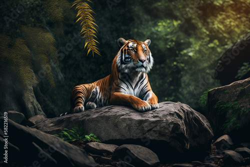 Image of tiger sitting on rock in forest with trees in the background. Generative AI.