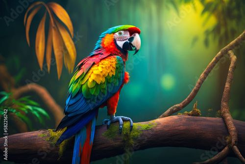 Colorful parrot perched on branch in jungle setting with green and yellow foliage. Generative AI.