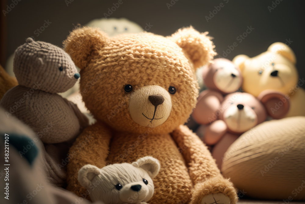 Brown teddy bear sitting next to white teddy bear and smaller teddy bear. Generative AI.