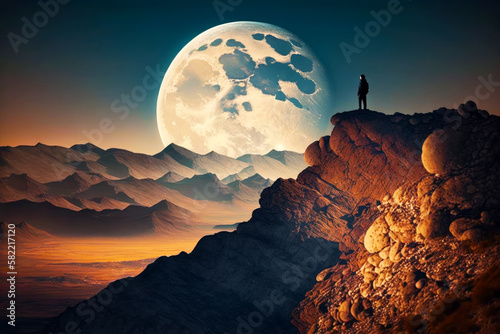 Man standing on top of mountain with full moon in the sky behind him. Generative AI.