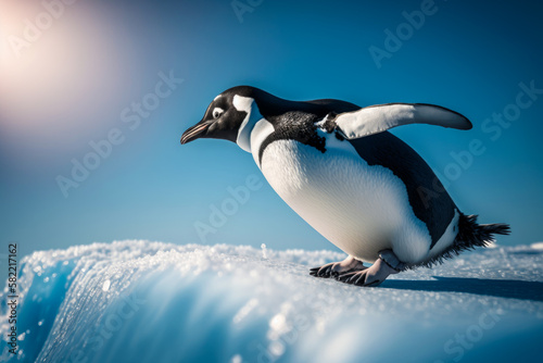 Penguin standing on top of pile of snow next to body of water. Generative AI.
