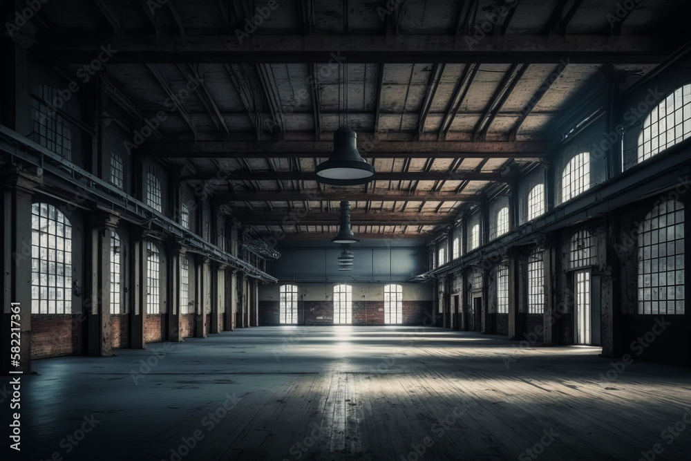 Empty warehouse with lots of windows and light hanging from the ceiling in the middle of the room. Generative AI.