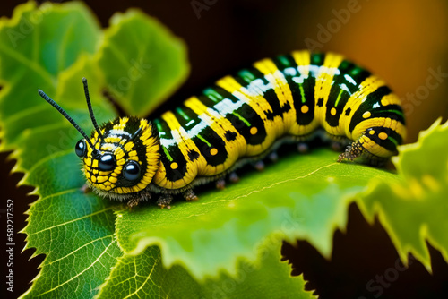 Close up of caterpillar on leaf with other caterpillars. Generative AI. © valentyn640