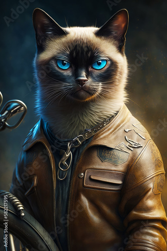 Image of cat in leather jacket with chain around it s neck. Generative AI.