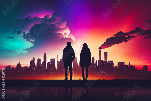 Couple of people standing next to each other in front of cityscape. Generative AI.