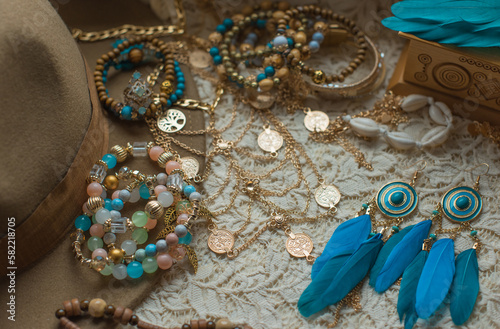 Boho bracelets, rings and other accessorize. Women's Bohemian fashionable details