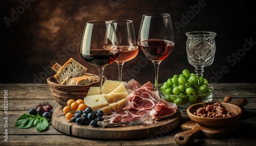 Italian antipasti wine snacks and cheese variety, generative ai